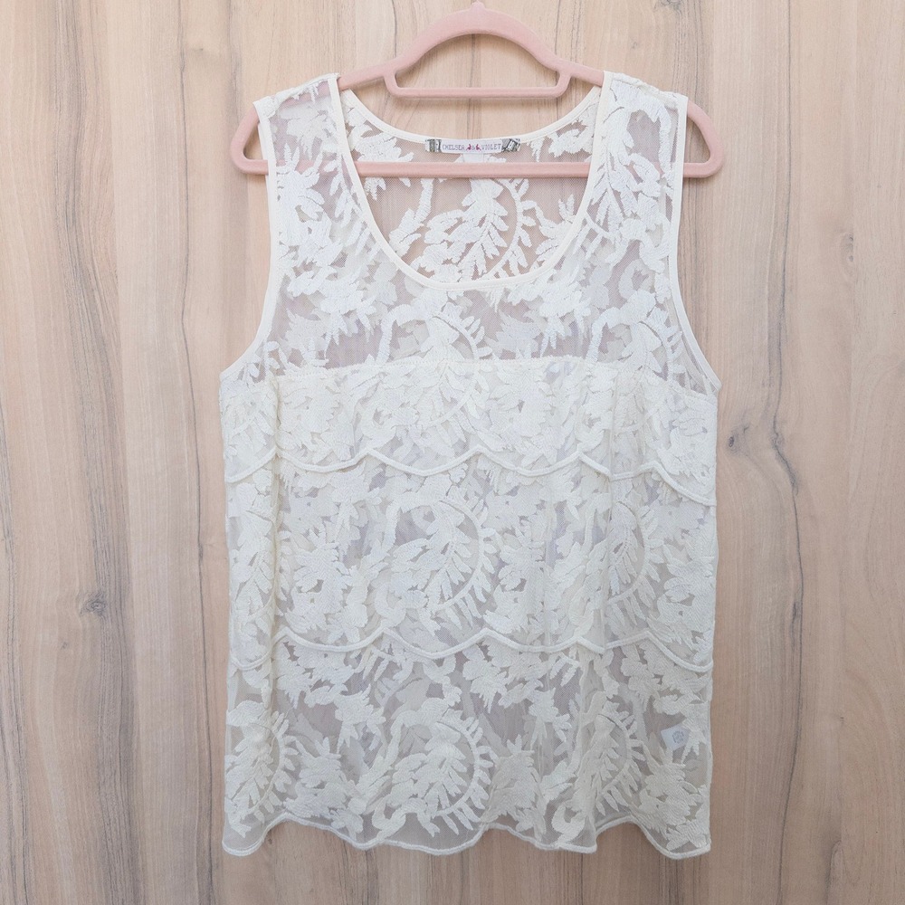 Chelsea Violet Womens Lace Sheer Blouse Size L Cream Sleeveless Boho‎ Cottage